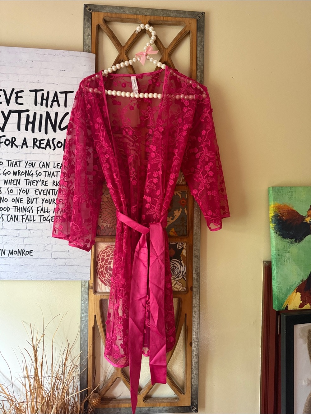 Women's Sheer Lace Kimono- Fuchsia
